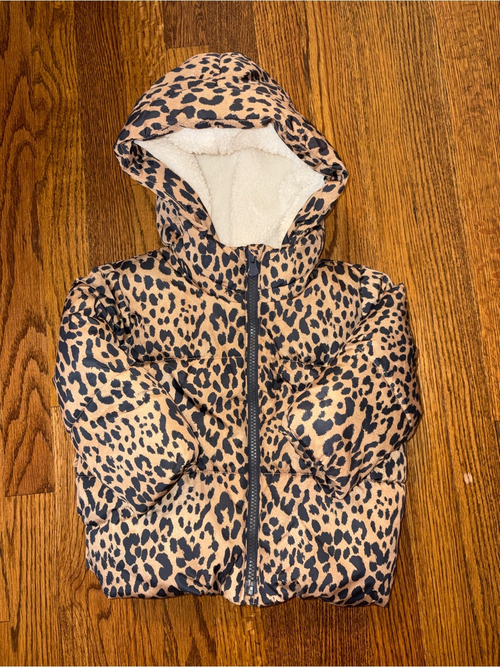Gap Leopard Print Puffer Hooded Jacket - Tan & Black 2T